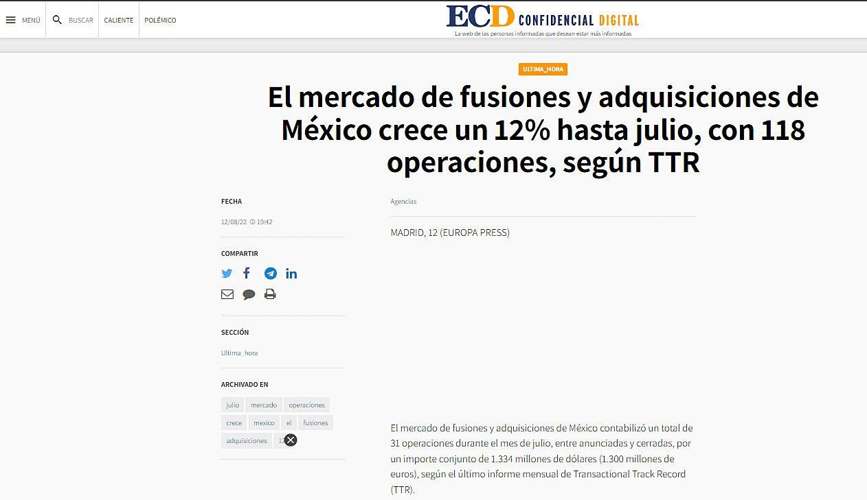 El mercado de fusiones y adquisiciones de Mxico crece un 12% hasta julio, con 118 operaciones, segn TTR